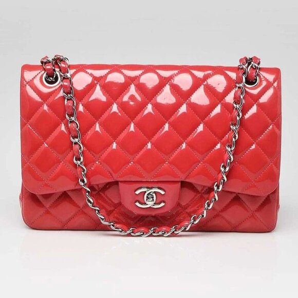 Chanel Pink Quilted Patent Leather Classic Jumbo Double Flap Bag - Picture 1 of 9